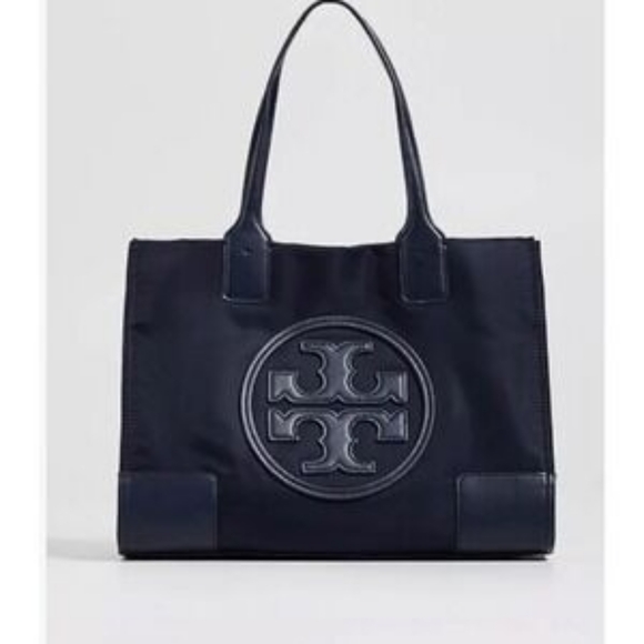 Tory Burch ELLA TOTE Leather TORY Logo Midnight Blue Black Purse Large Excellant - Picture 1 of 9